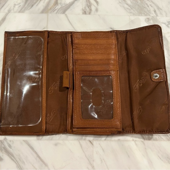 VTG Fossil Wallet Brown Leather Trifold Snap Close Checkbook 4” x 7” - Picture 11 of 15